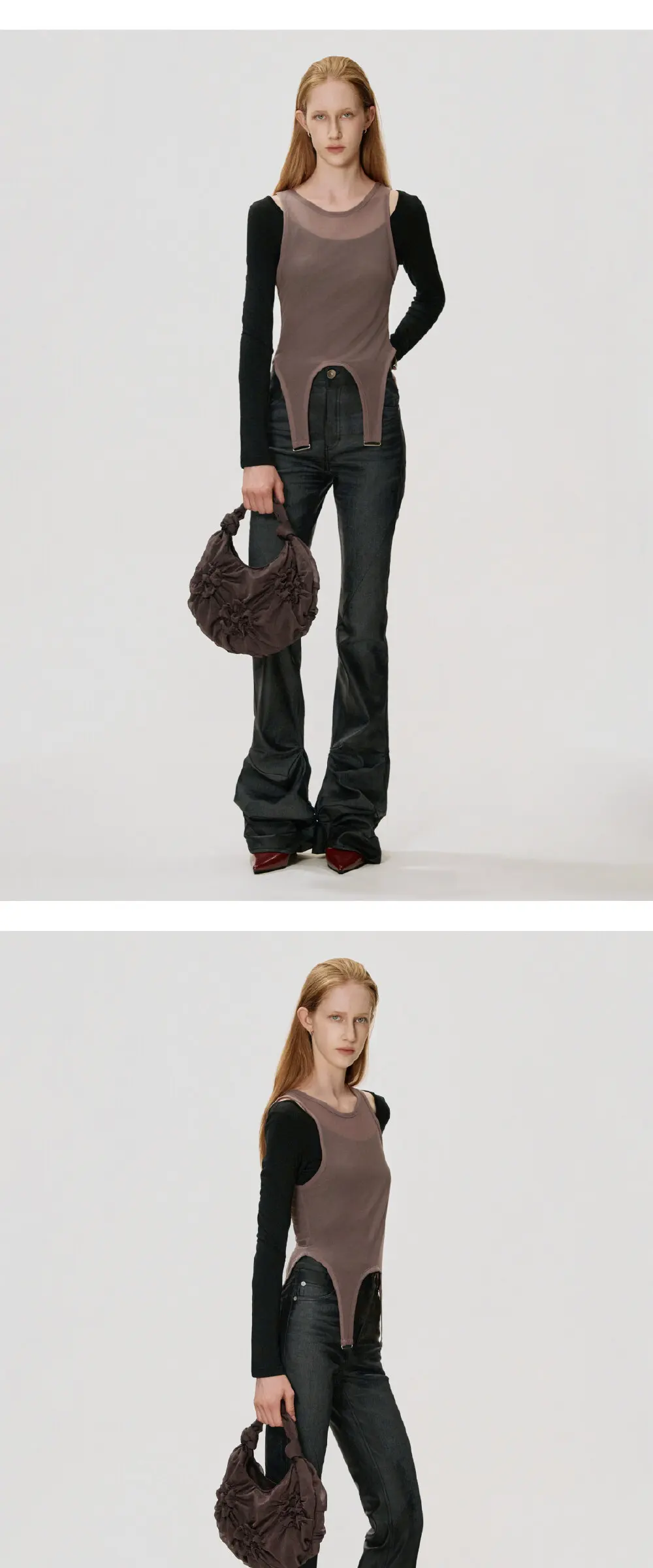 Floral Motif Smocked Mini Bag_BROWN Detail