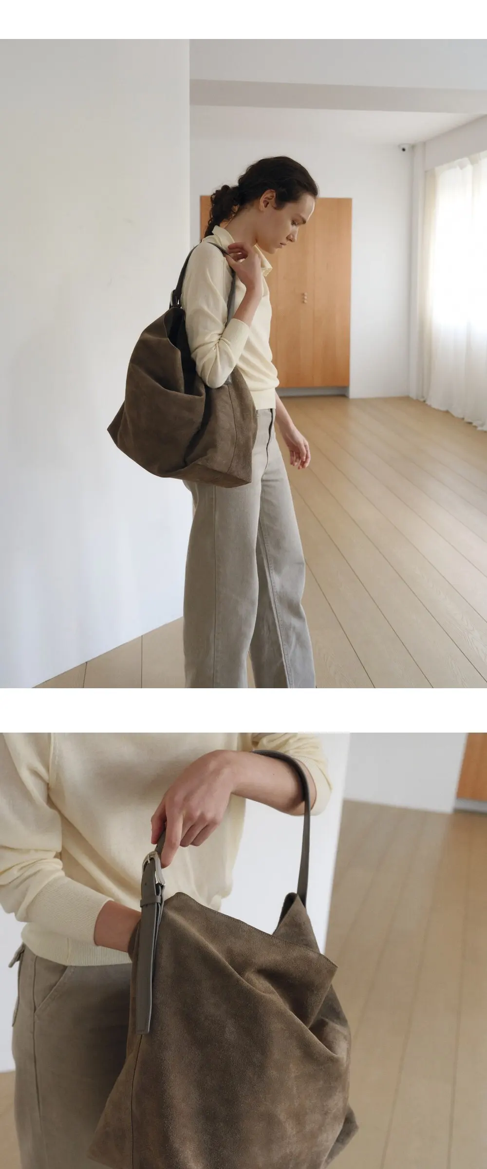Cow Suede Shoulder Bag (Beige) Detail
