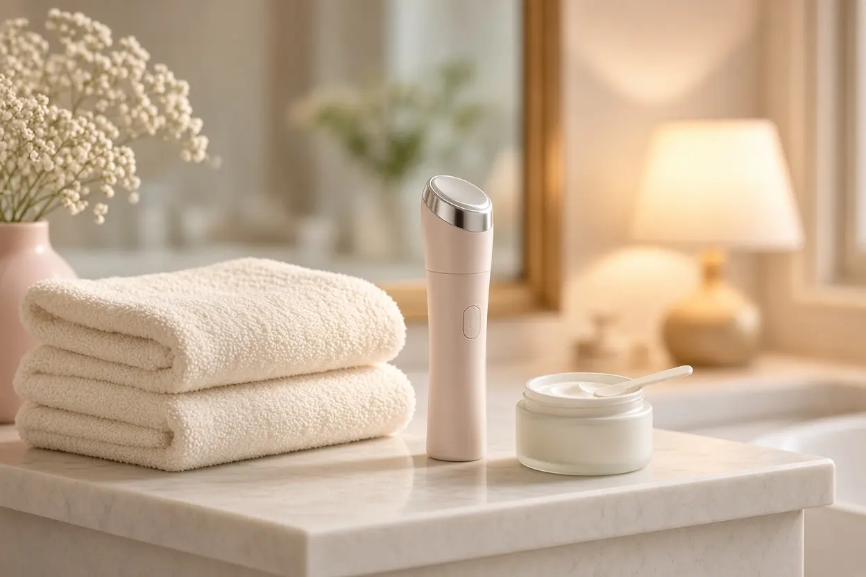 For the section on the I Shot's two-mode protocol: a neat bathroom shelf arranged in sequence from left to right, with a