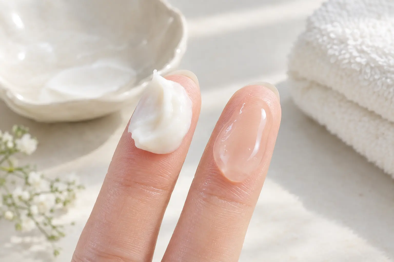 A close-up of two fingertips side by side on a neutral background, one holding a pale mineral cream and the other a shee