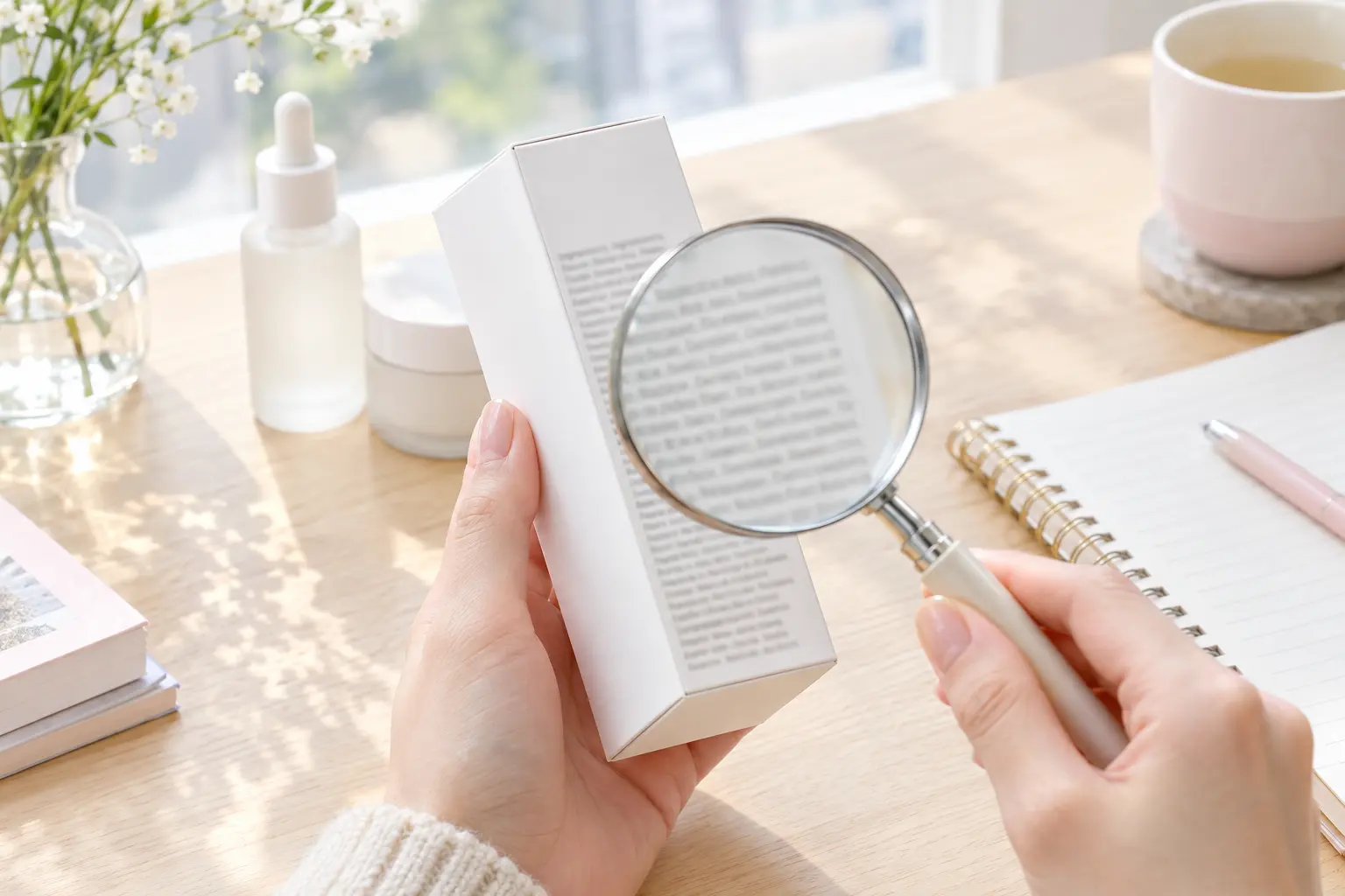 For the section on reading labels: a close-up of a hand holding an unbranded white serum box, with a magnifying glass ho