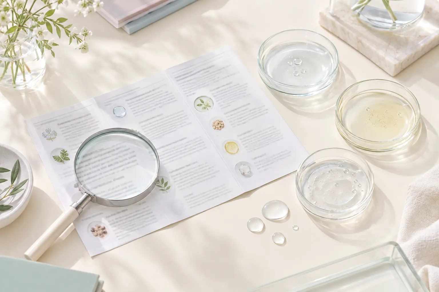 Show a formulation-reading still life with an unbranded ingredient leaflet, a magnifying glass, clear liquid droplets an