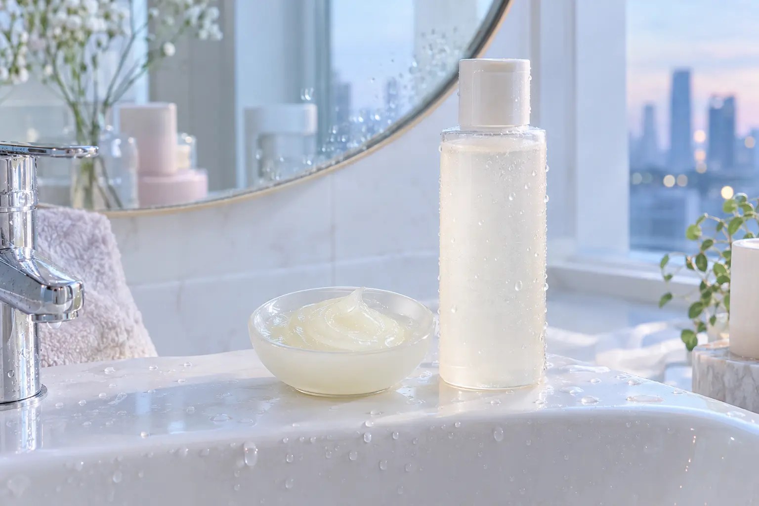 A close-up of a bathroom sink ledge with a small dish of translucent cleansing balm beside a plain bottle of gel cleanse