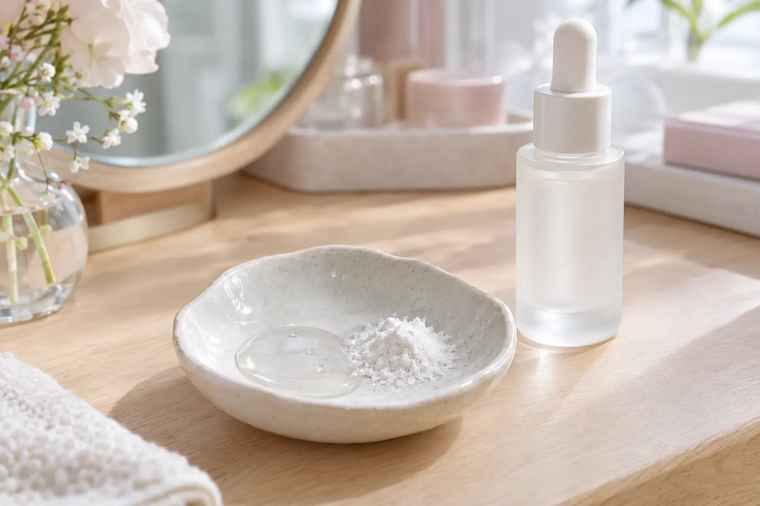 A small ceramic mixing dish holding a few drops of clear serum with a tiny mound of fine white powder beside it, set on 