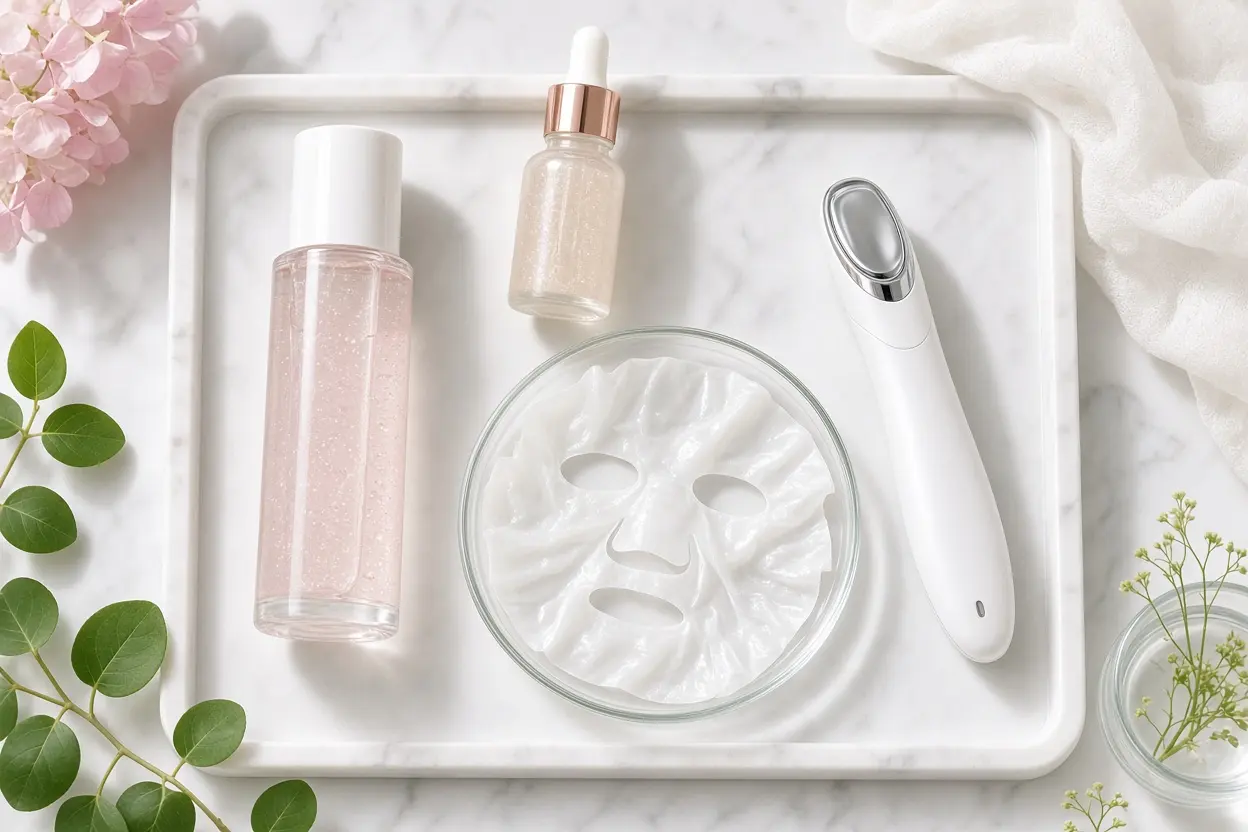 For the section on what to layer under each device: a flat lay on a marble tray of a hydrating essence bottle, a dropper