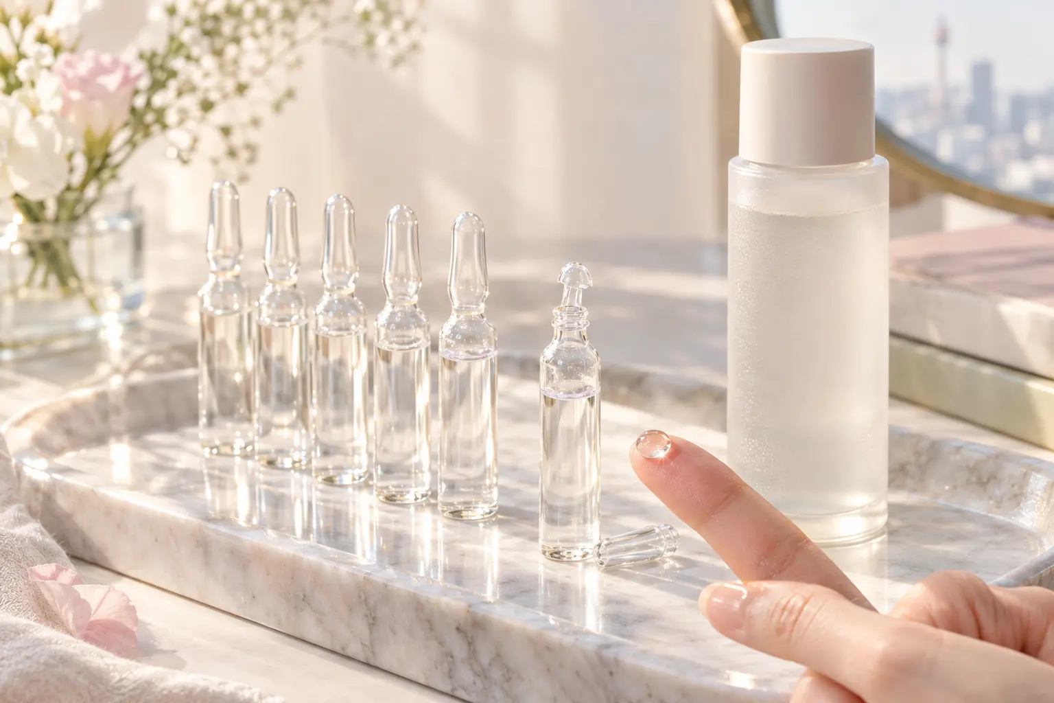 A row of small clear glass ampoules without labels standing on a marble tray next to a frosted toner bottle, one opened 