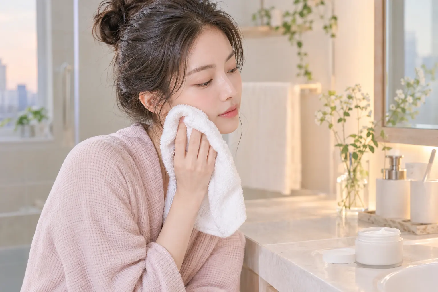 A person gently patting their cheek dry with a clean white cotton towel at a bathroom sink, with an unlabelled jar of pl