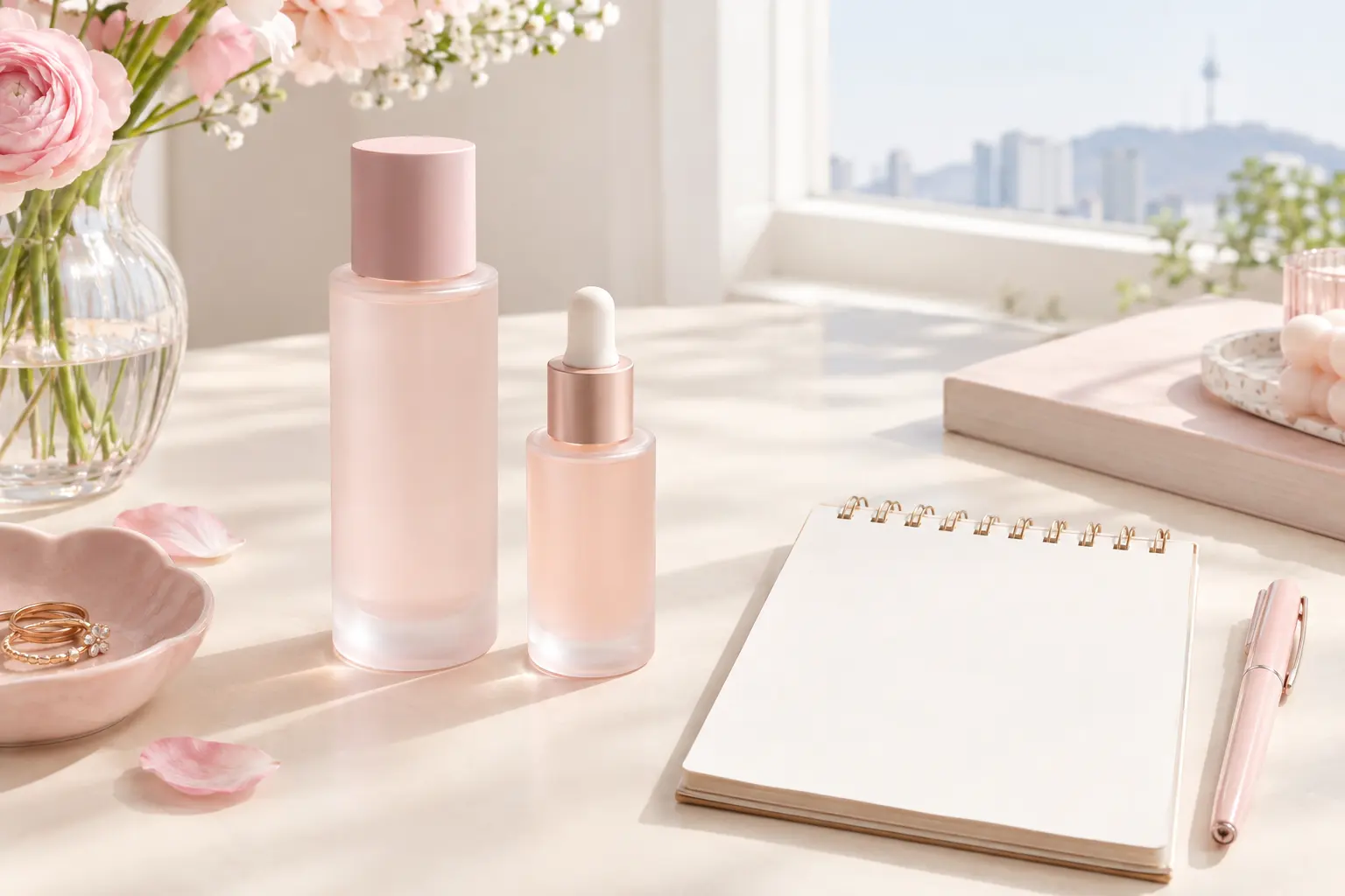 Illustrate the serum-size decision with two unbranded cosmetic bottles of visibly different capacities standing beside a