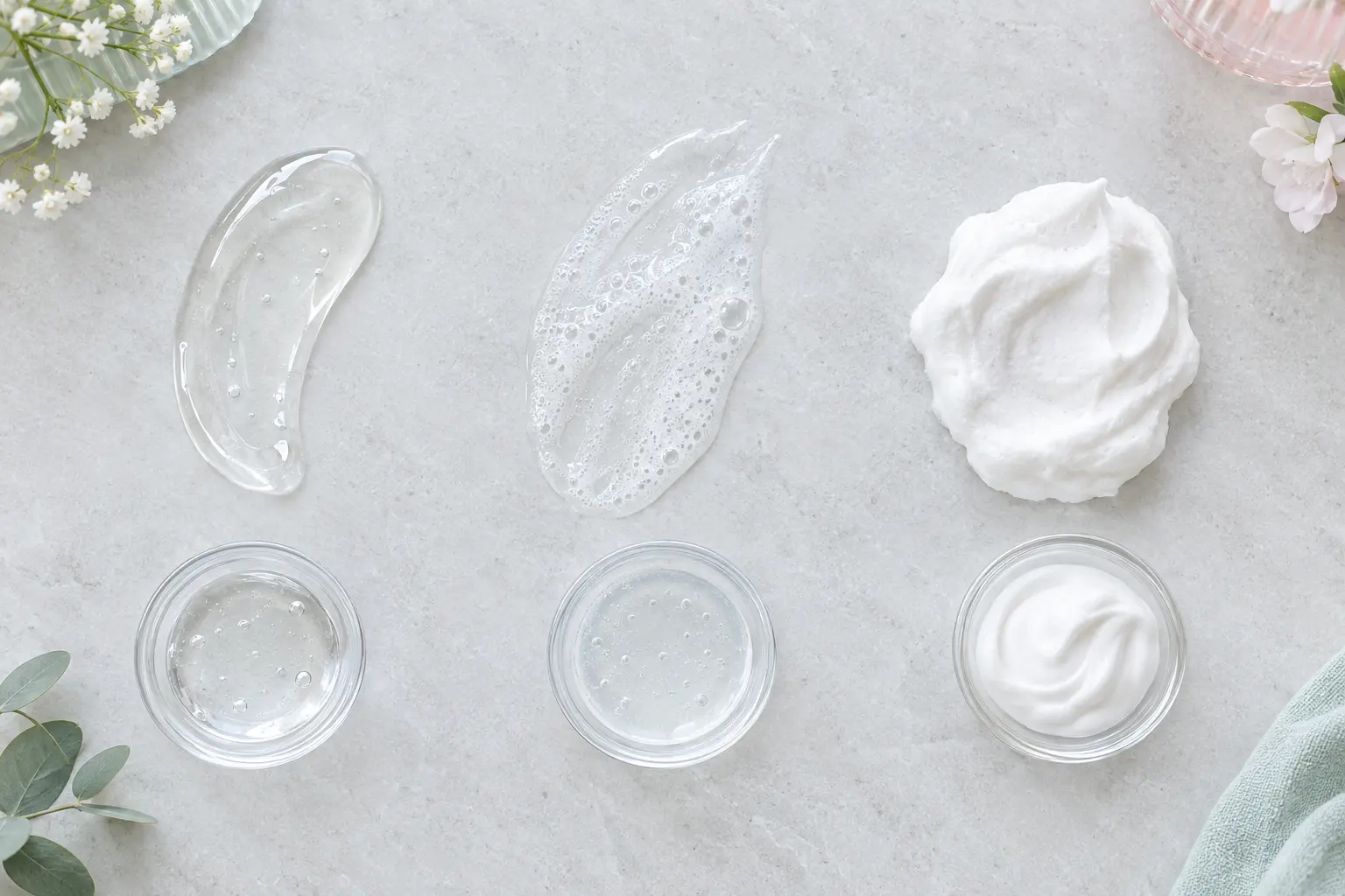 A flat-lay comparison of three cleanser textures on a pale grey stone slab: a glossy clear gel swatch, a watery low-foam