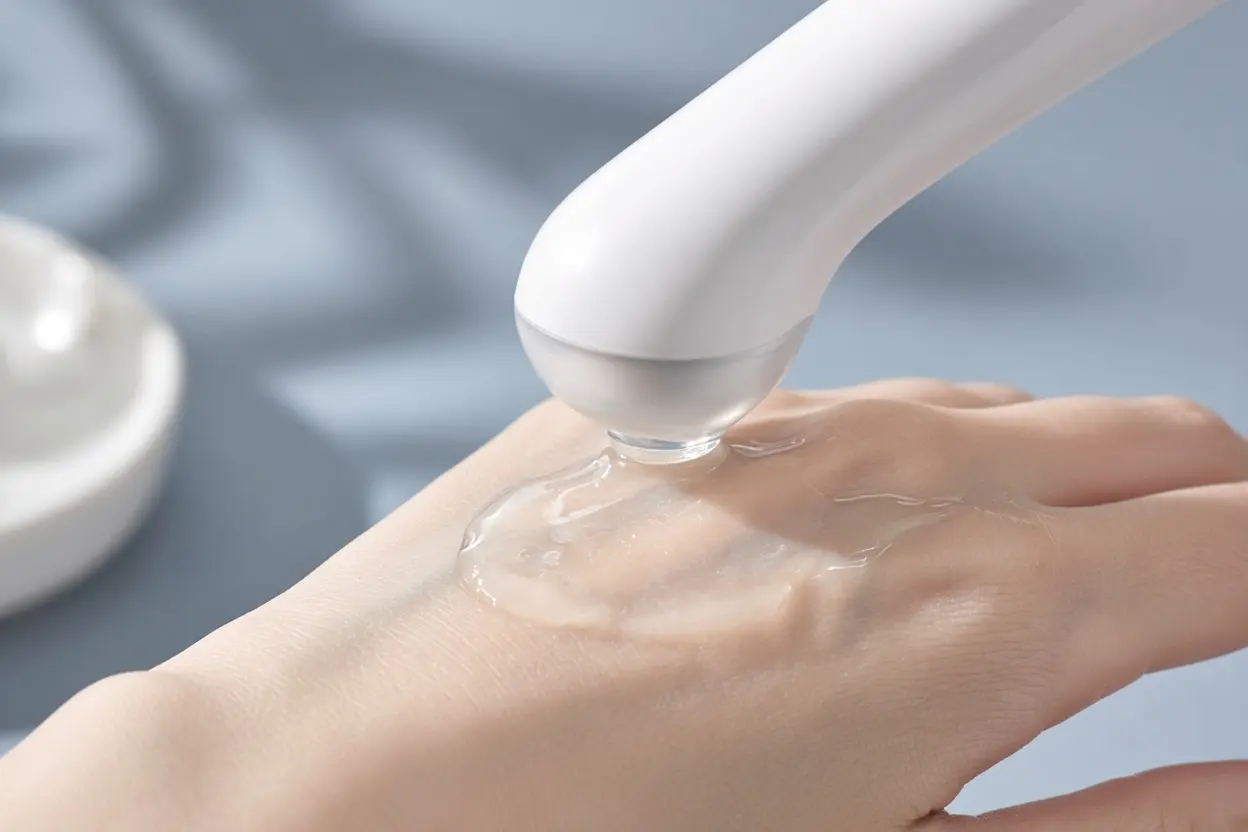 For the section on how electrical skin boosting works: a close-up of a glossy, water-light serum spread across the back 