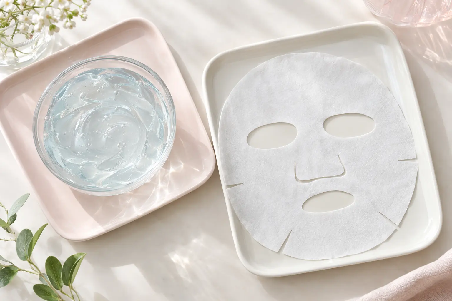 Show the mask-format comparison through a shallow glass dish of translucent gel beside an unfolded white facial sheet ma