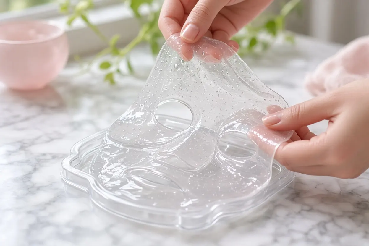 Close-up of hands lifting a glossy, semi-transparent hydrogel mask away from its clear plastic backing film over a marbl