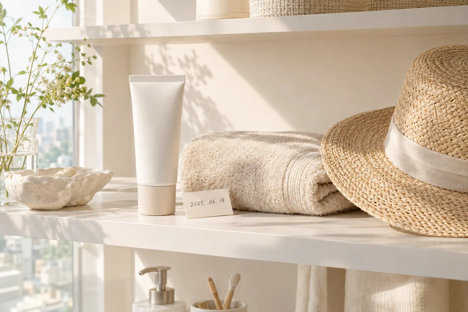 A bathroom shelf in warm afternoon light with an unbranded sunscreen tube resting beside a small handwritten date label,