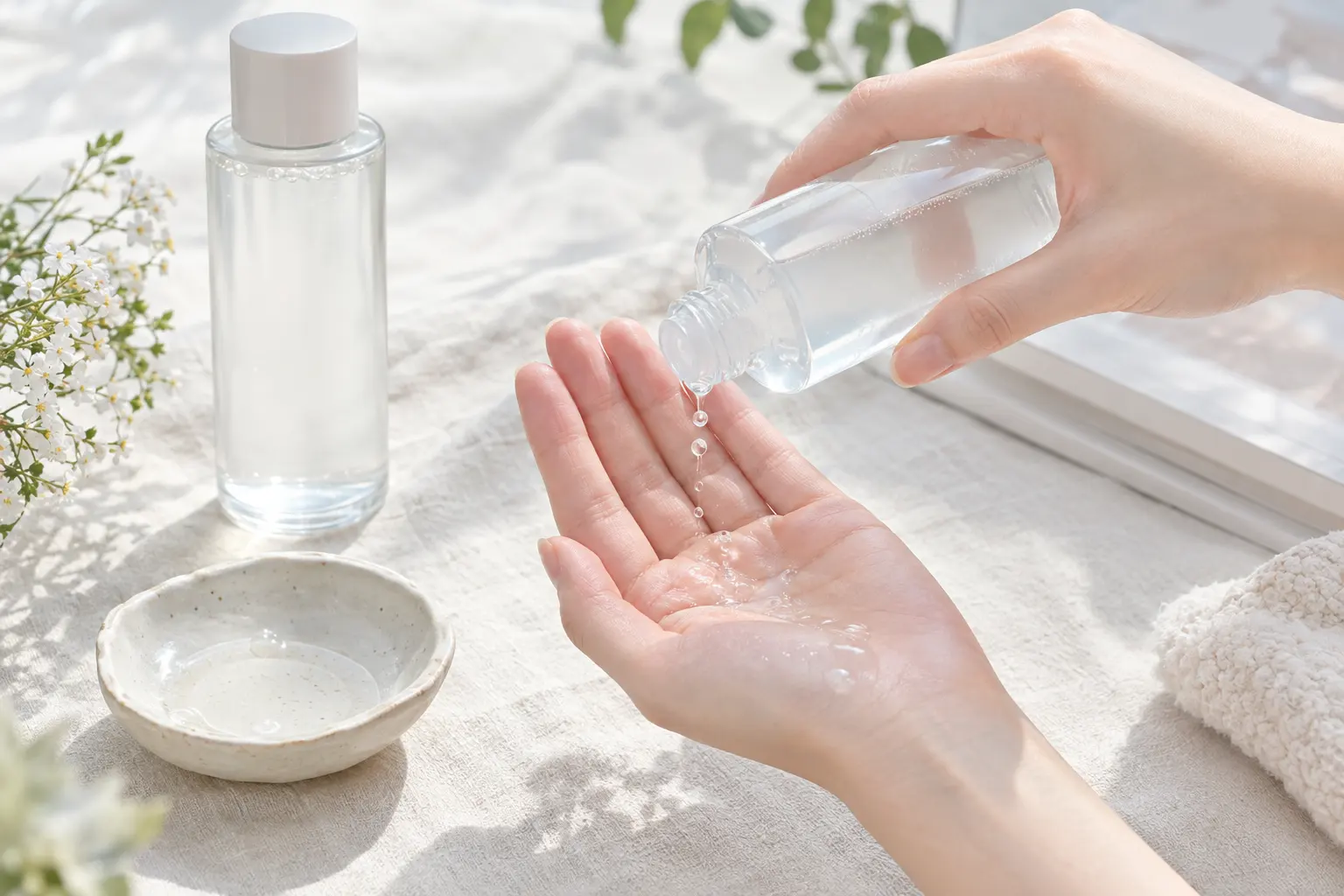Close-up of a hand pressing a clear hydrating toner into the palm, with tiny droplets catching soft daylight over a ligh