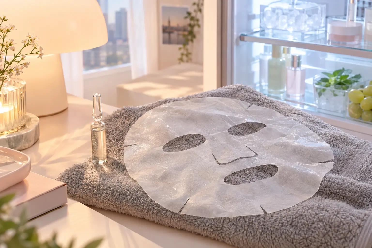 For the section on treatments: an unbranded translucent sheet mask lying unfolded on a soft grey towel next to a small g