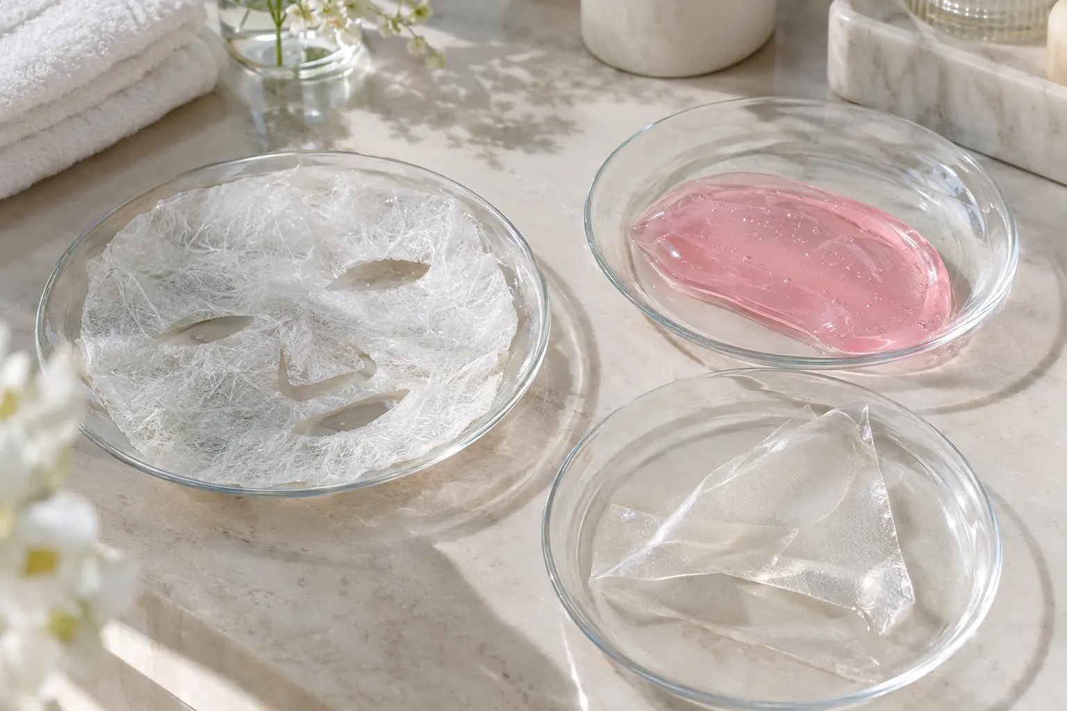 Photograph a close-up editorial arrangement of three mask constructions on separate clear glass plates: an essence-wet f
