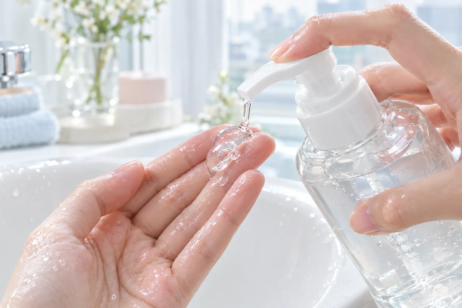 Close-up of a clear, transparent cleansing gel being pressed from an unlabelled pump onto wet fingertips over a white ce