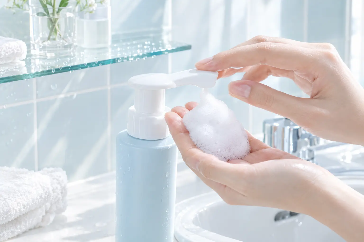 For the section on plain dehydration: a pump bottle dispensing a small mound of airy white bubble foam onto fingertips o