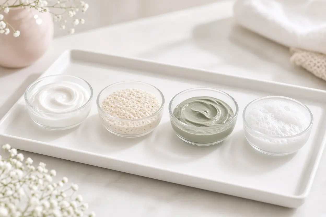 A row of four small glass dishes on a white tray, each holding a different wash-off texture: glossy hydrating cream, gri