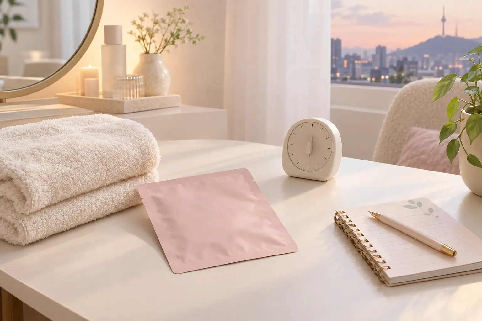 Create a quiet evening vanity scene with an unbranded single-use mask sachet, a folded towel, a simple timer with no leg