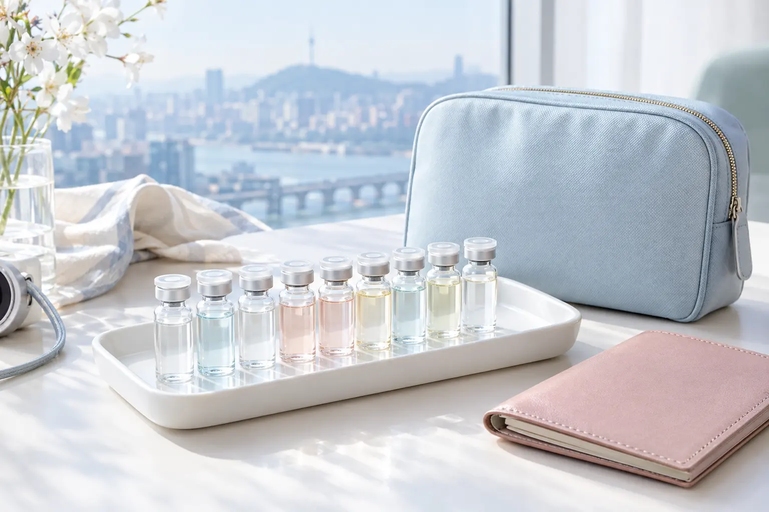 A neat row of small unlabeled glass vials standing in a shallow white tray beside a travel pouch and a passport-sized no