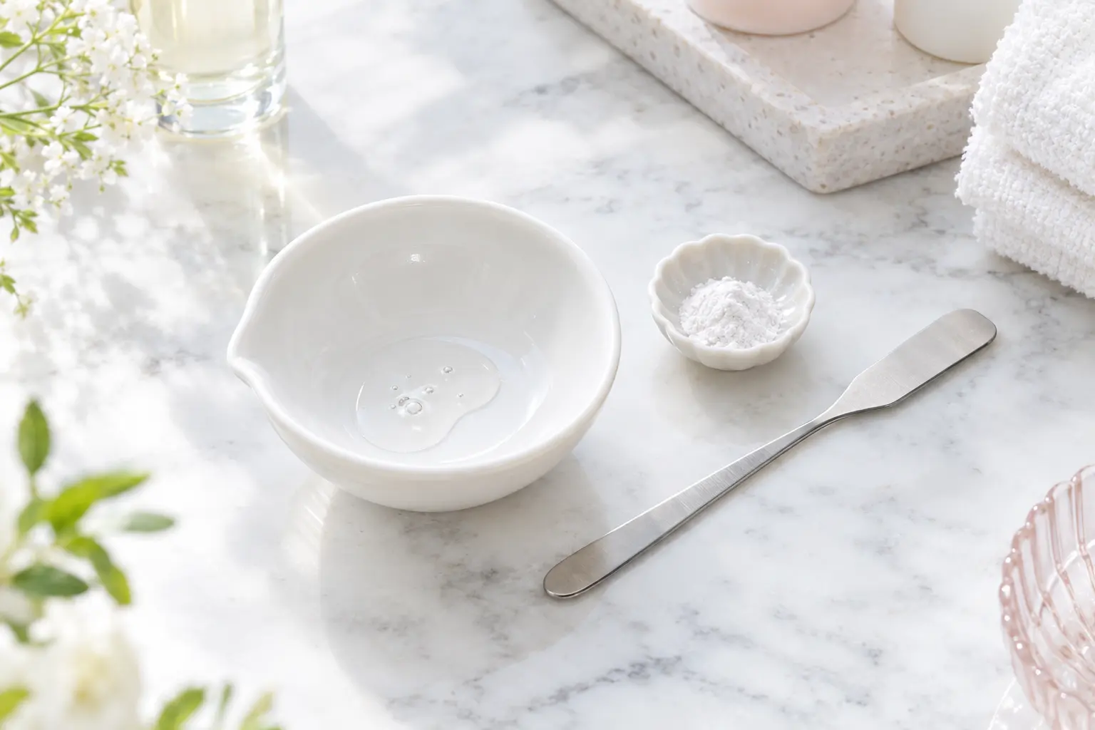 A small white ceramic mixing dish holding a few drops of clear serum, with a tiny scoop of fine white powder beside a cl