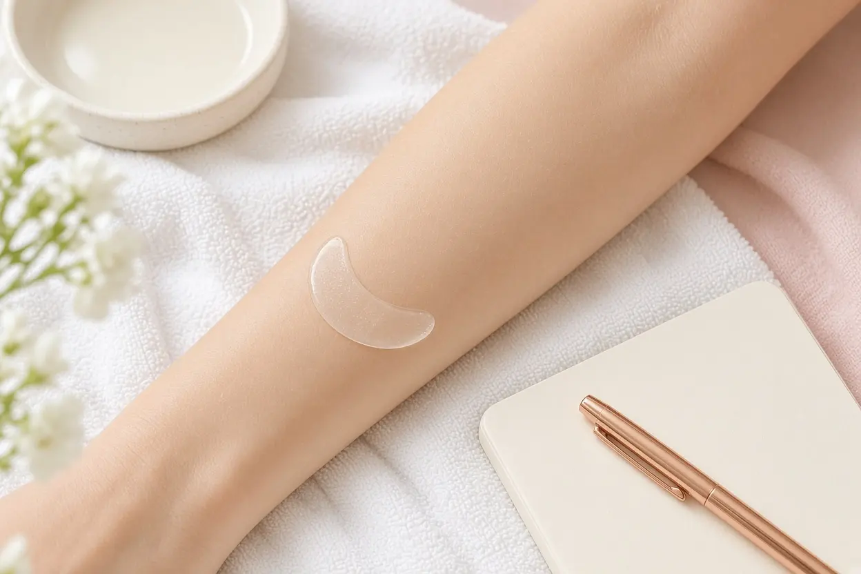A bare inner forearm on a white towel with a small crescent-shaped piece of clear hydrogel mask placed on the skin as a 