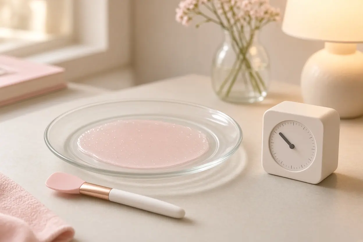A small silicone spatula brush resting beside a smooth, thin layer of drying peel-off mask film on a glass plate, next t