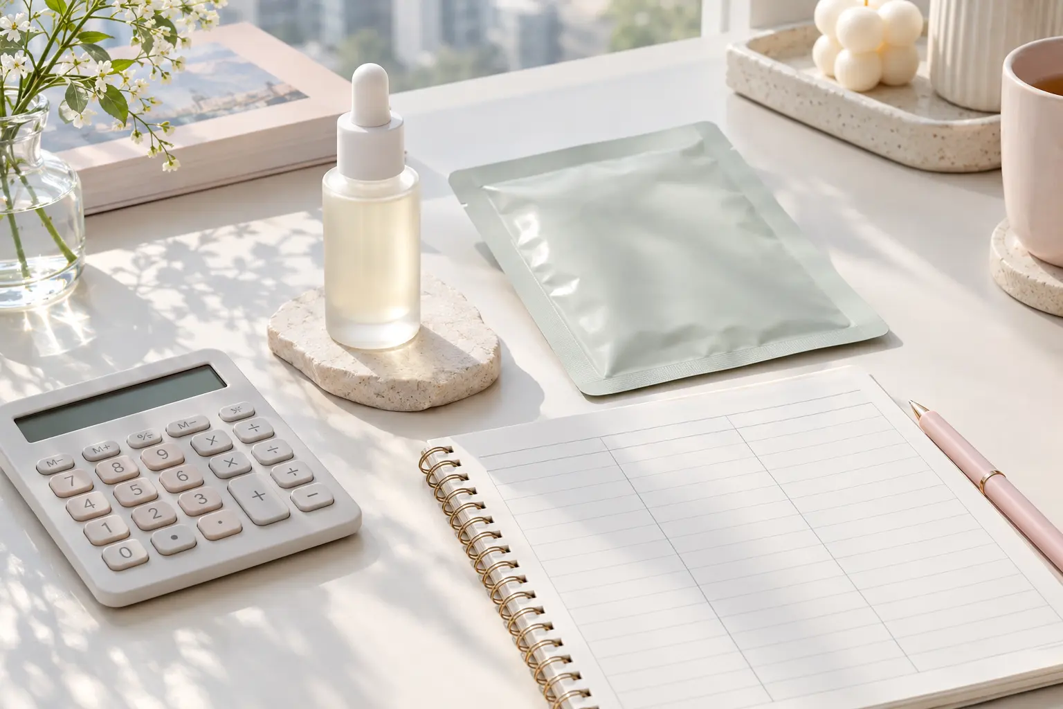 Create a practical checkout-planning scene with an unbranded serum bottle, a sealed plain mask pouch, a calculator and a