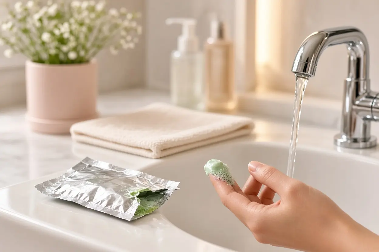 A tidy bathroom sink scene with a single torn-open unbranded foil sachet, a dab of pale green clay mask foaming into bub