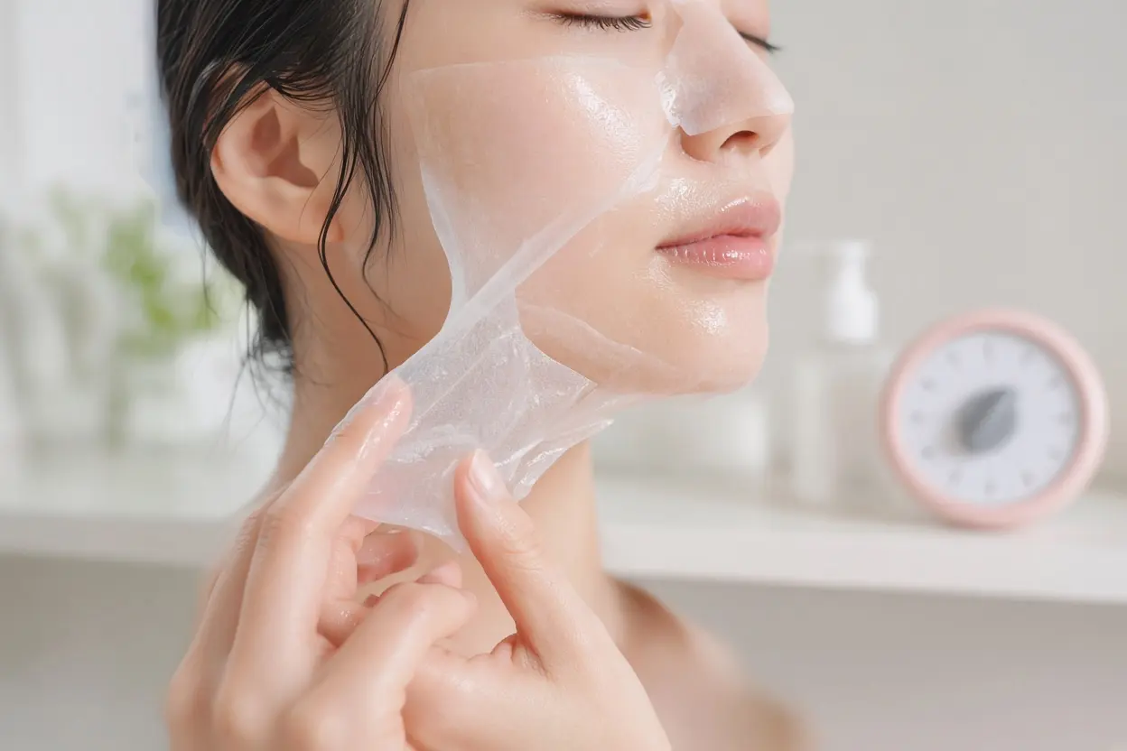 Close-up of a hand peeling a thin, damp cellulose sheet mask away from a face in profile, with a simple kitchen timer vi